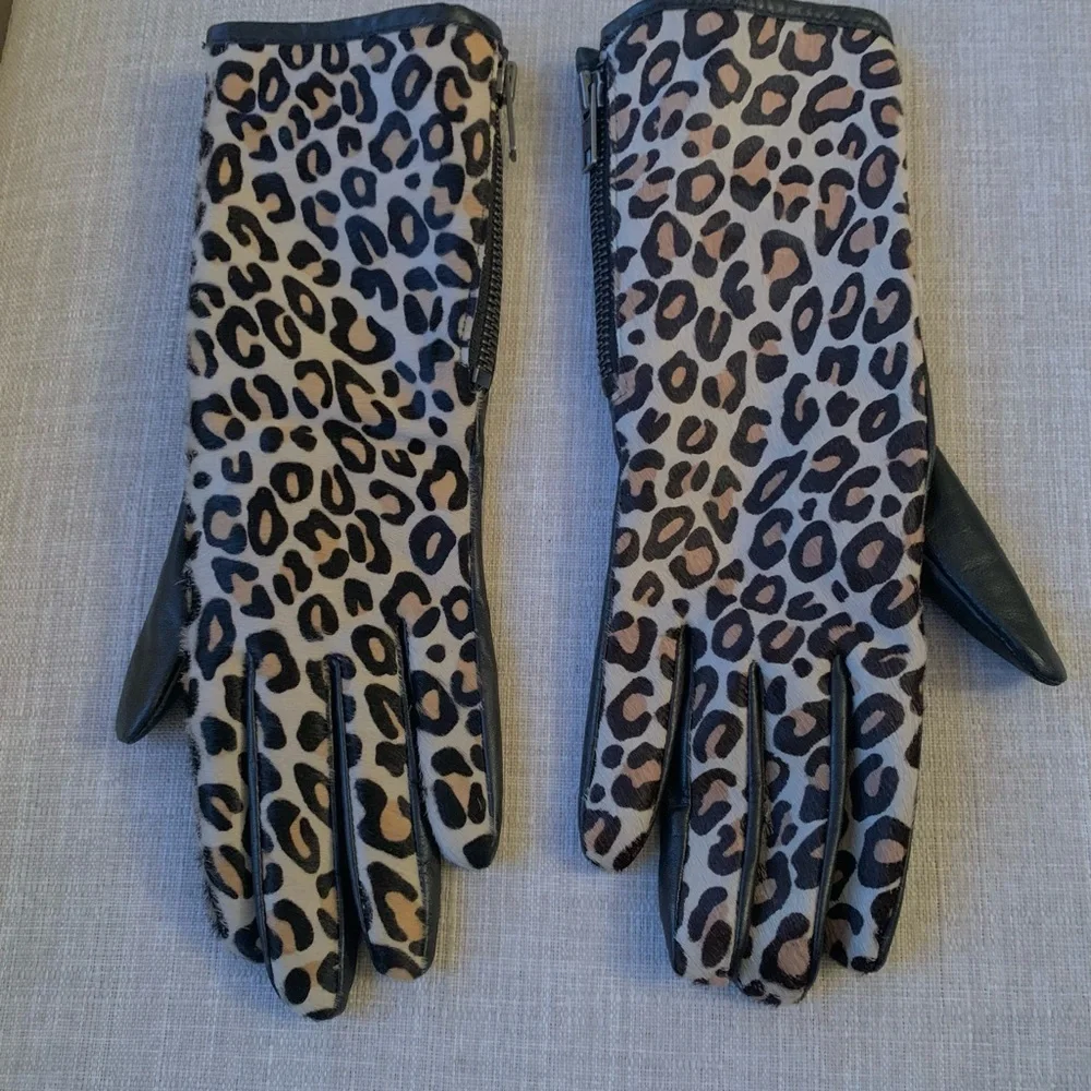 NEW FOWNES CALF SKIN LEATHER LEOPARD CASHMERE LINED GLOVES Xs-Sm